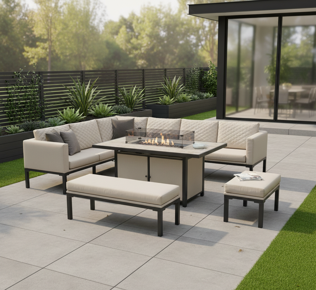 Luxury Outdoor Corner Sofa Set with Fire Pit Table – 10 Seater Aluminium Frame Garden Dining Furniture Set