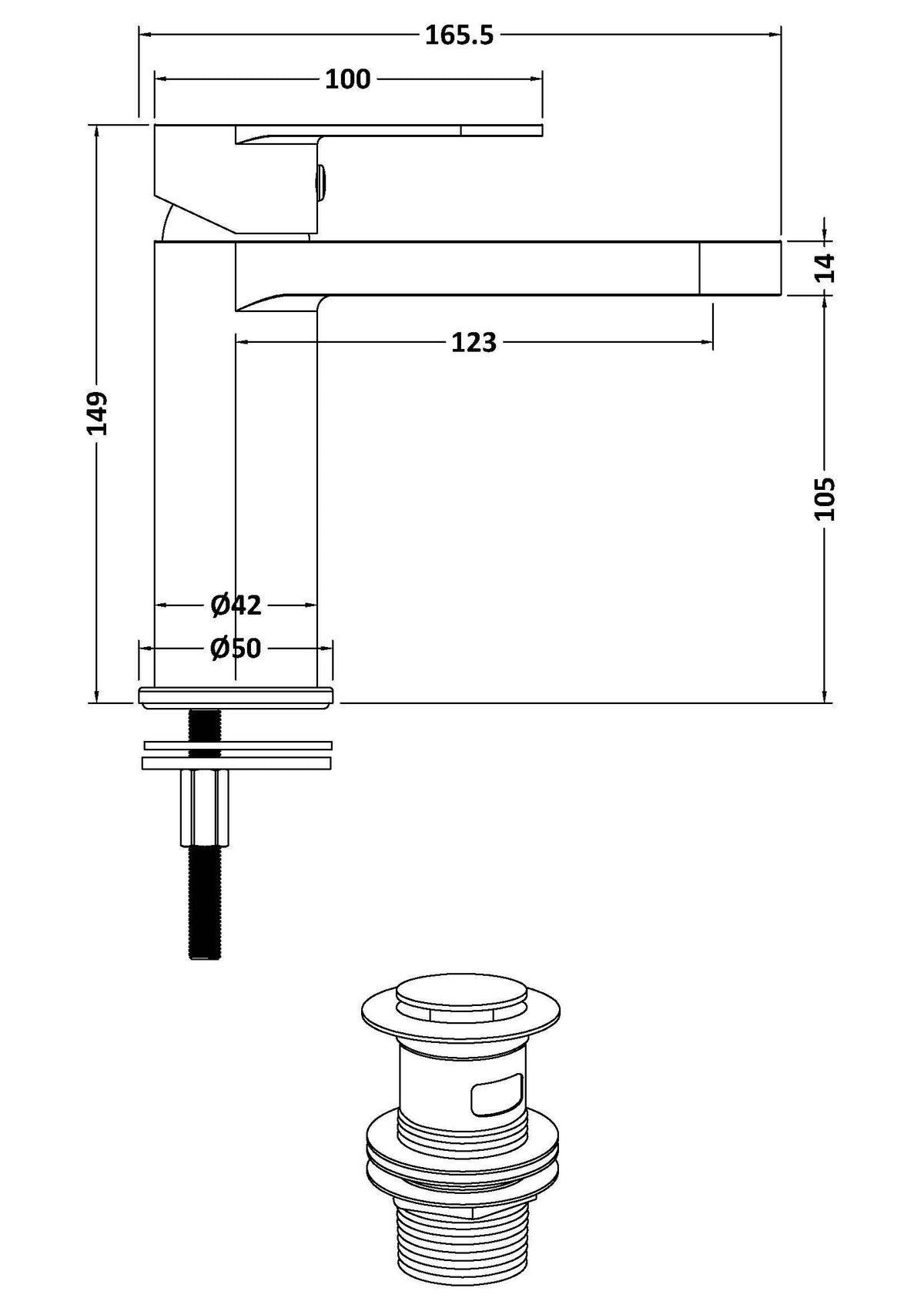 nuie choice Halstatt Chrome Mono Basin Mixer Push Button Waste - Technical dimensions