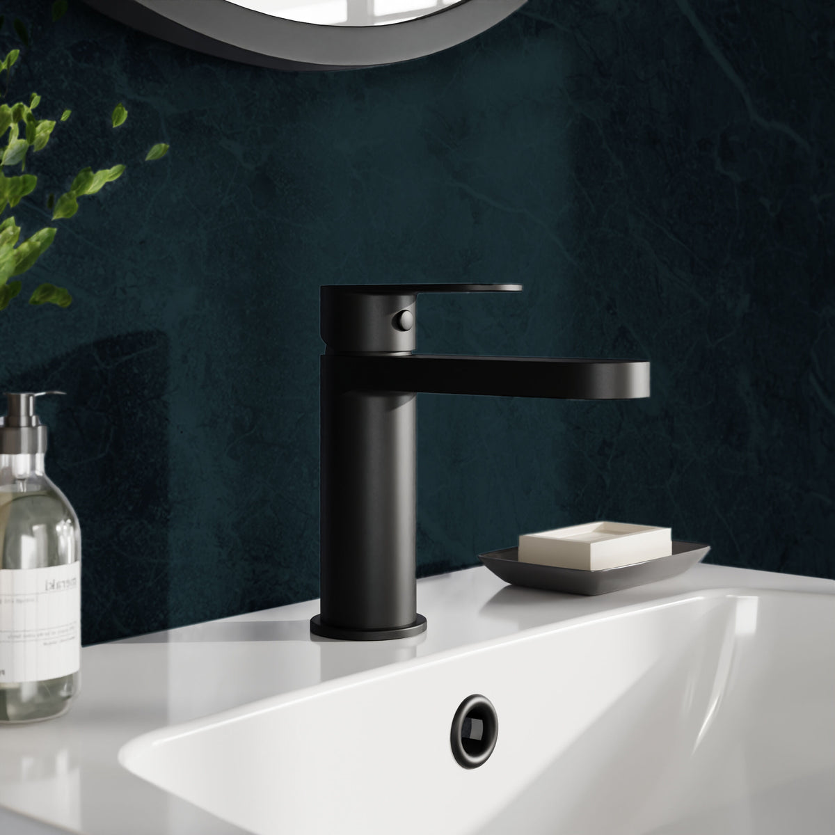 nuie choice Halstatt Matt Black Mono Basin Mixer Push Button Waste - Lifestyle image