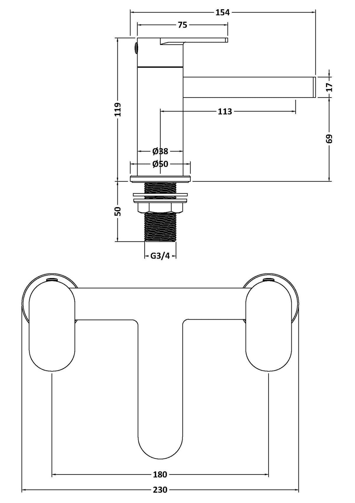 nuie choice Halstatt Brushed Brass Bath Filler - Technical dimensions