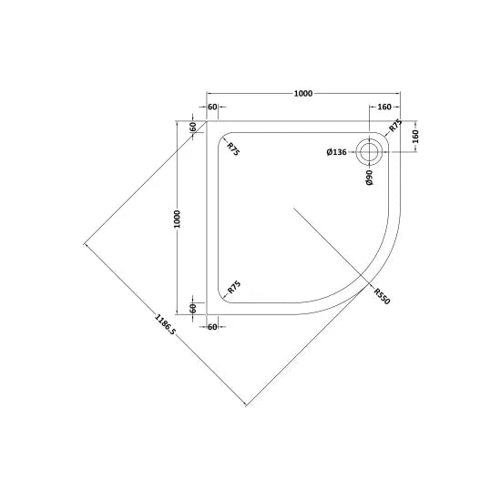 Hydro45 Stone Resin 1000mm x 1000mm Quadrant Shower Tray White