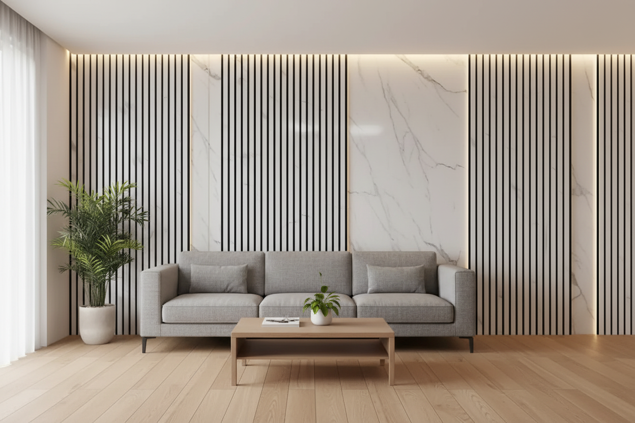 Acoustic Slatted Wall Panel 240 x 60cm - White Marble x 1 Panel