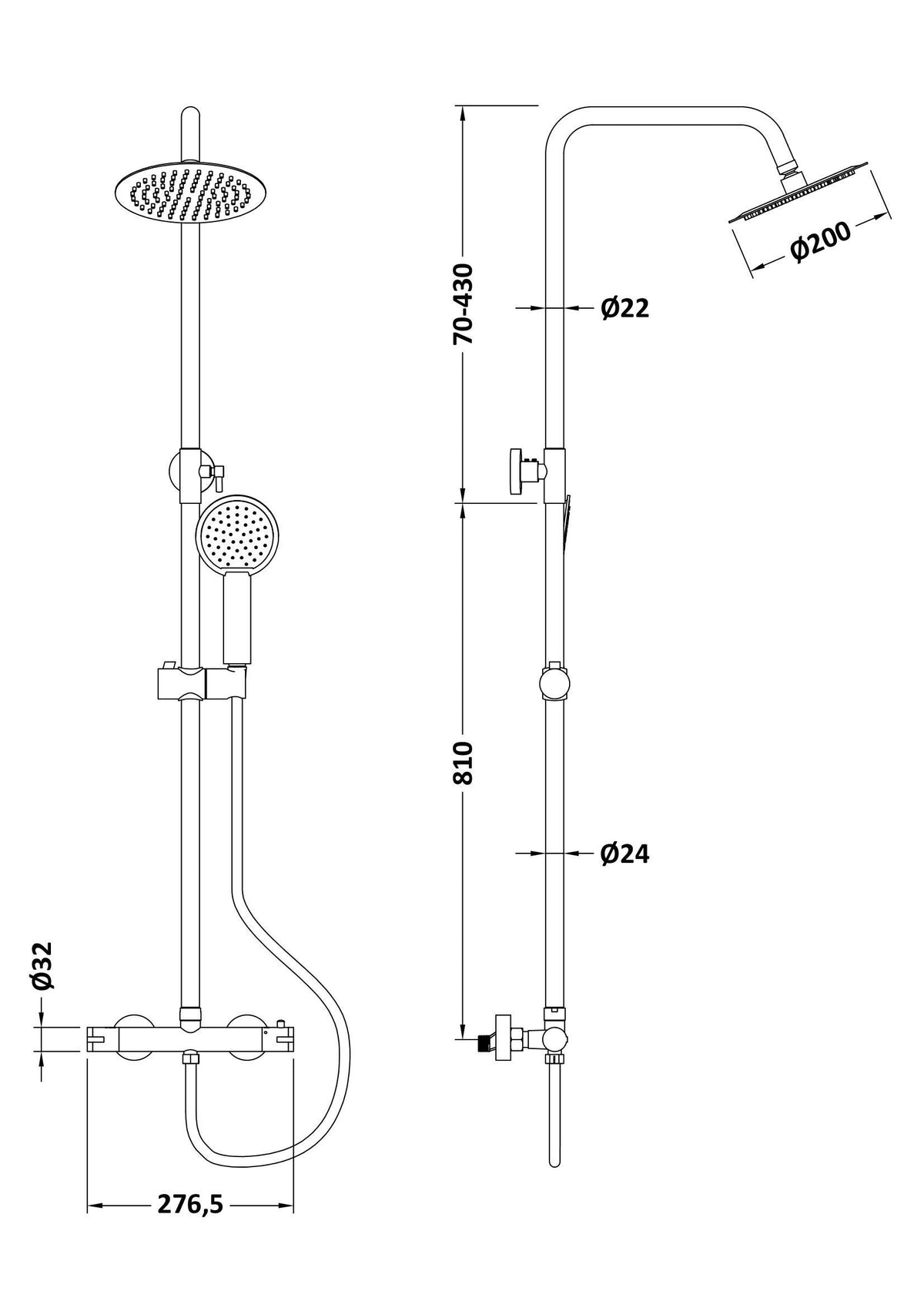 nuie choice Brushed Brass Round Dual Shower Valve Rigid Riser Kit - Technical dimensions