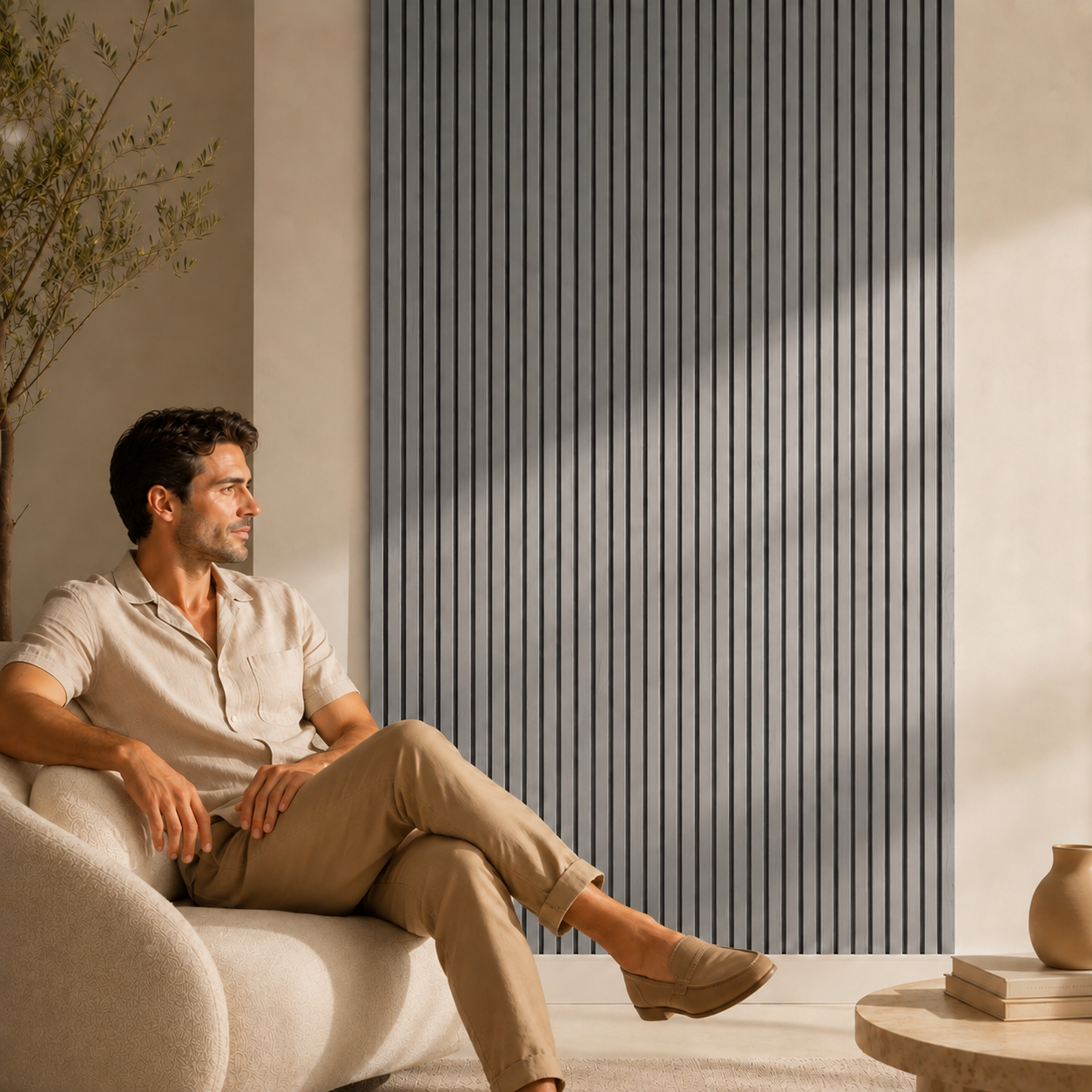 Acoustic Slatted Wall Panel 2400mm x 600mm - Light Grey x 1 panel