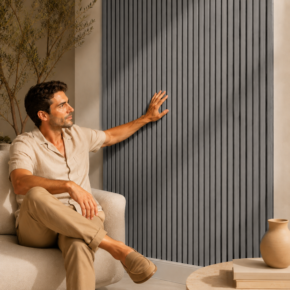Acoustic Slatted Wall Panel 2400mm x 600mm - Light Grey x 1 panel