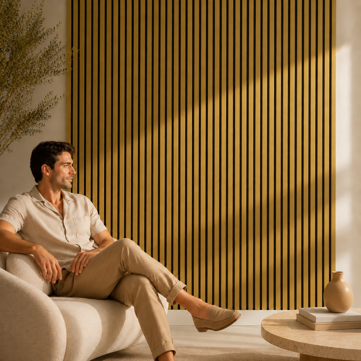 Acoustic Slatted Wall Panel 2400mm x 600mm - Matte Gold x 1 panel