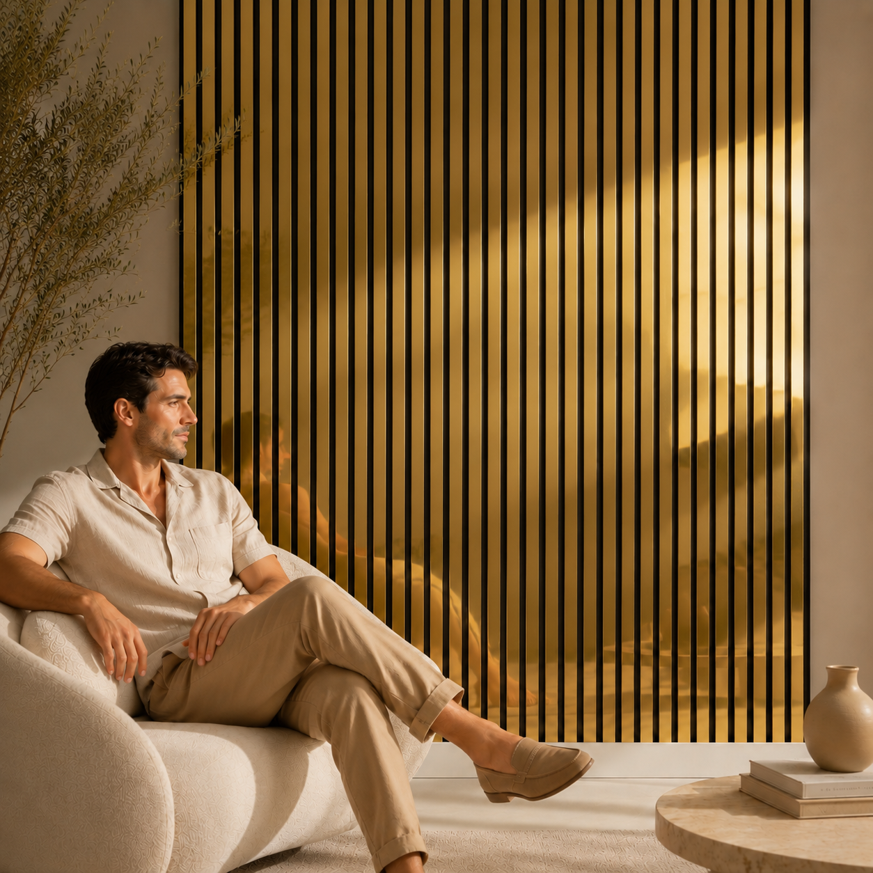 Acoustic Slatted Wall Panel 2400mm x 600mm - Mirror Gold x 1 panel