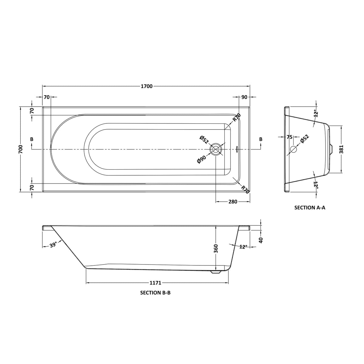nuie Barmby 1700mm x 700mm Round Single Ended Bath With Legs - Technical dimensions