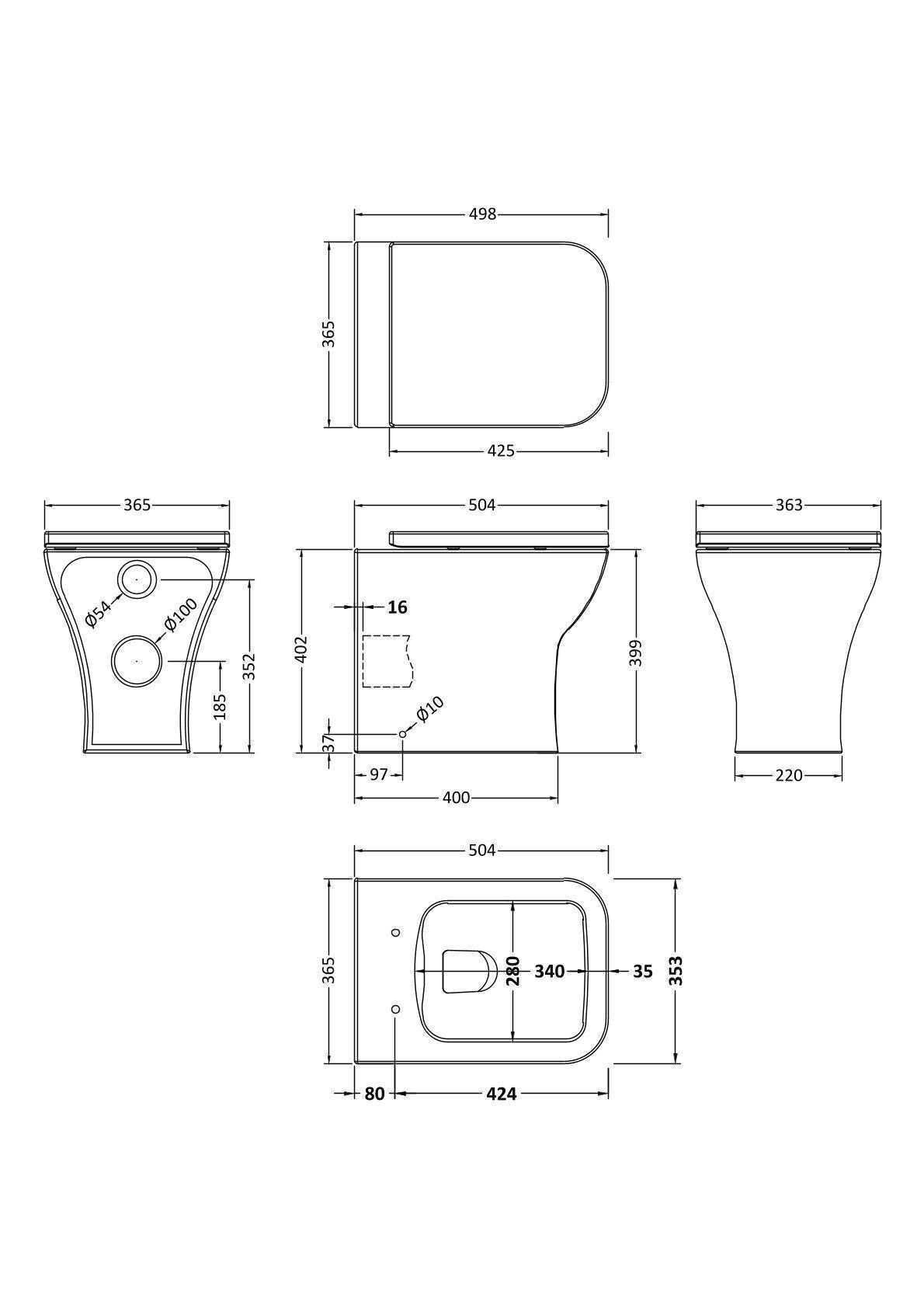nuie Ava Round Back to Wall Toilet Pan With Seat - Technical dimensions