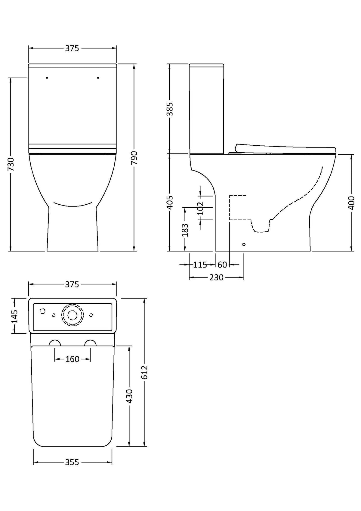 nuie Ava Close Coupled Toilet - Technical dimensions