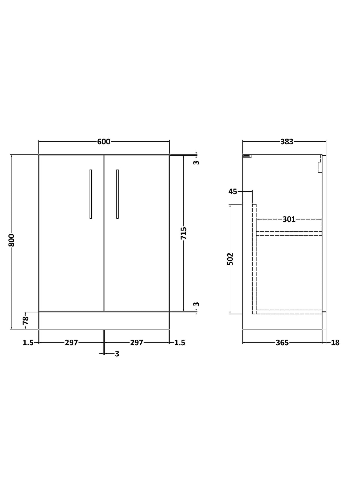 nuie Arno 600mm Midnight Blue 2 Door Floor Standing Vanity Unit - Technical dimensions