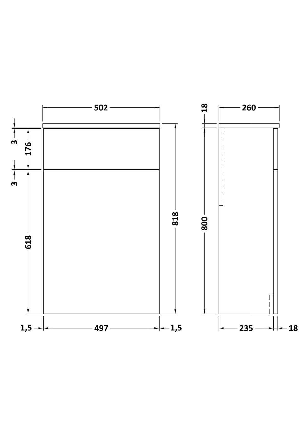 nuie Arno 500mm Midnight Blue Floor Standing WC Unit - Technical dimensions