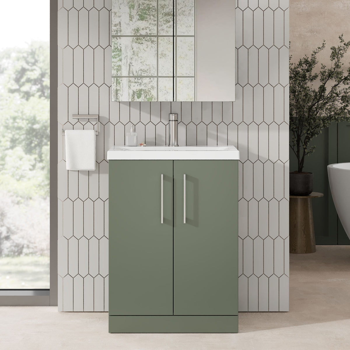 nuie Arno 600mm Satin Green 2 Door Floor Standing Vanity Unit - Lifestyle image