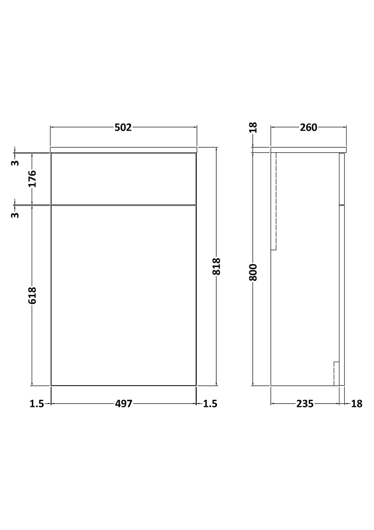nuie Arno 500mm Satin Green Floor Standing Compact WC Unit - Technical dimensions