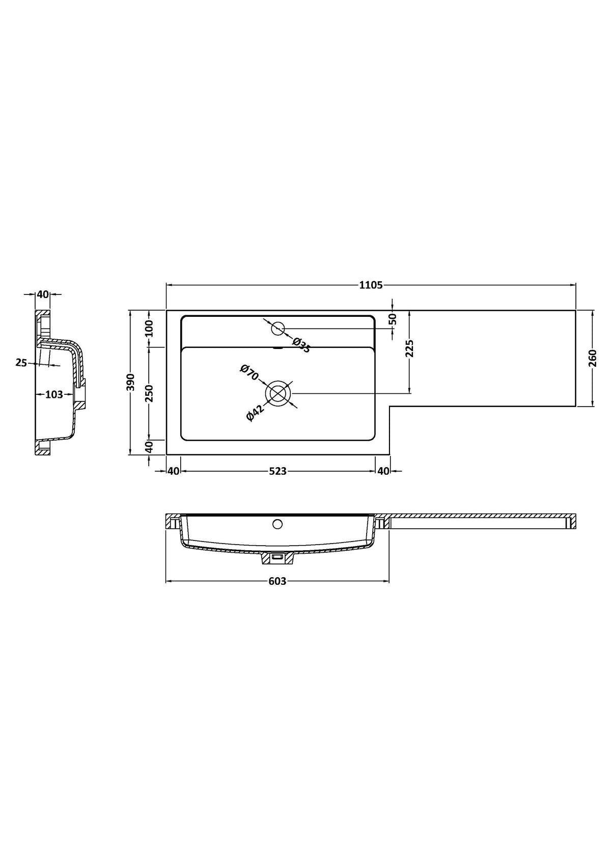 nuie 1100mm 1 Tap Hole Left Hand Polymarble L-Shaped Basin - Technical dimensions
