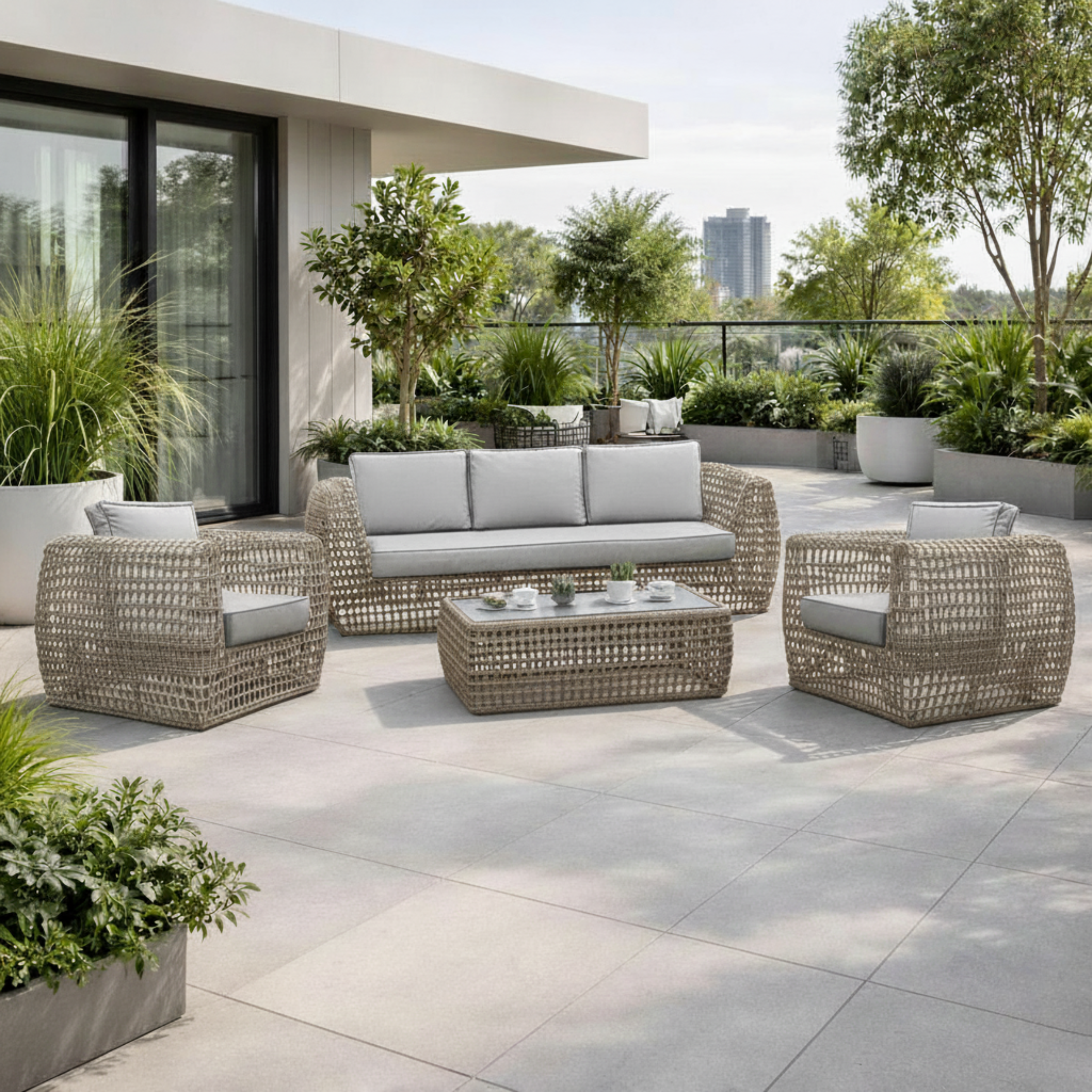The Oxford Premium 5-Seater Rattan Sofa Set with Glass-Top Coffee Table - Beige