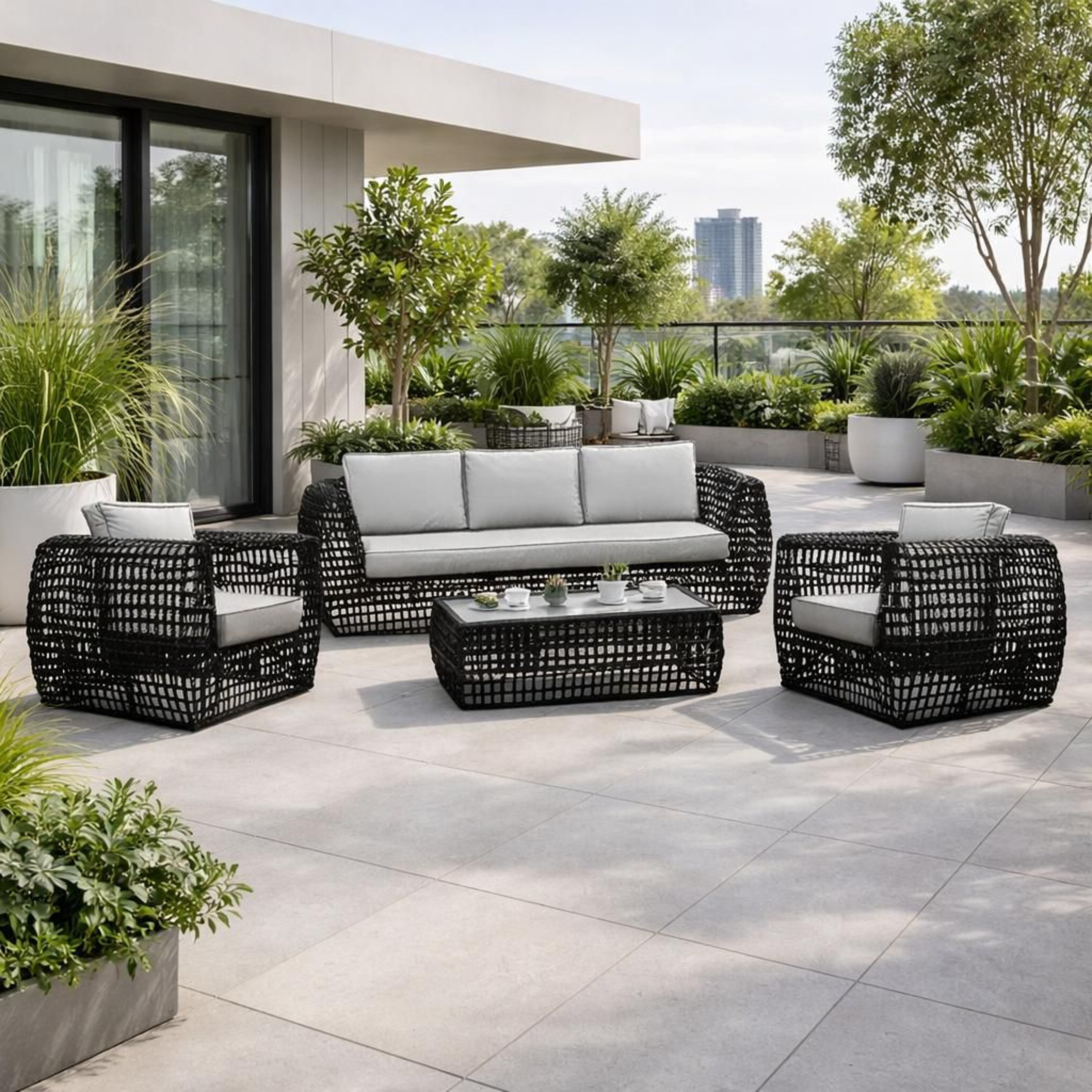 The Oxford Premium 5-Seater Rattan Sofa Set with Glass-Top Coffee Table - Black