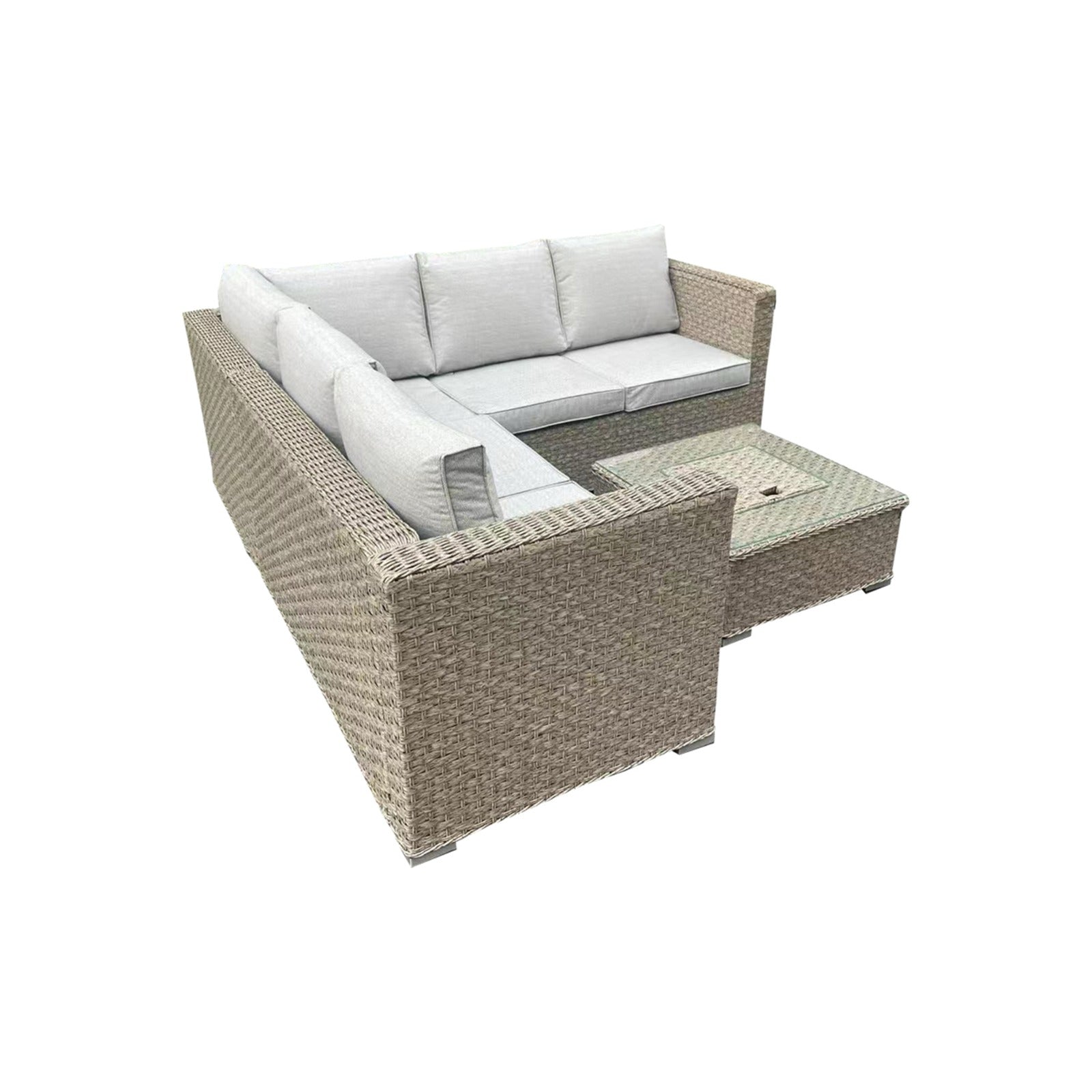L-Shaped Rattan Garden Corner Sofa Set with Integrated Ice Bucket Coffee Table - Light Grey