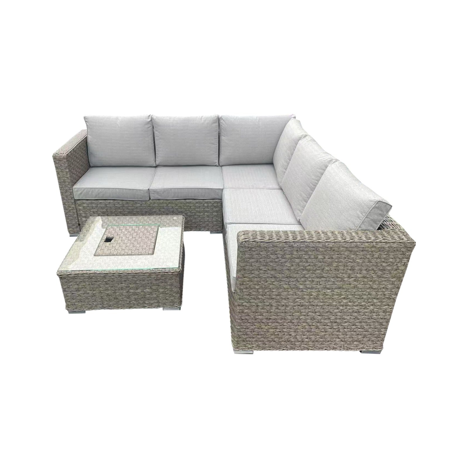 L-Shaped Rattan Garden Corner Sofa Set with Integrated Ice Bucket Coffee Table - Light Grey