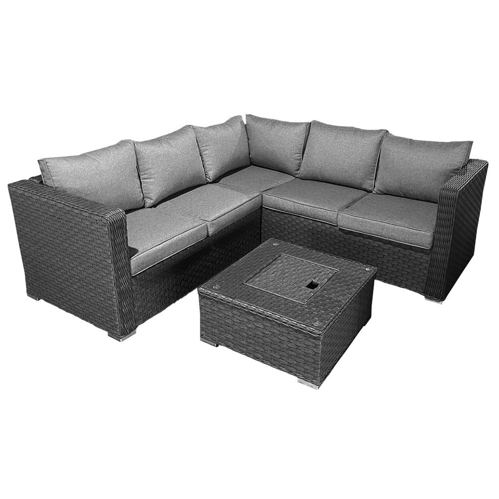 L-Shaped Rattan Garden Corner Sofa Set with Integrated Ice Bucket Coffee Table - Dark Grey