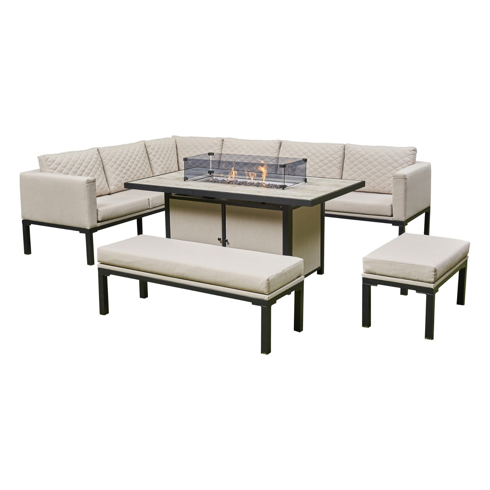 Luxury Outdoor Corner Sofa Set with Fire Pit Table – 10 Seater Aluminium Frame Garden Dining Furniture Set