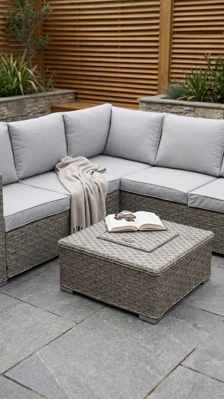 L-Shaped Rattan Garden Corner Sofa Set with Integrated Ice Bucket Coffee Table - Light Grey