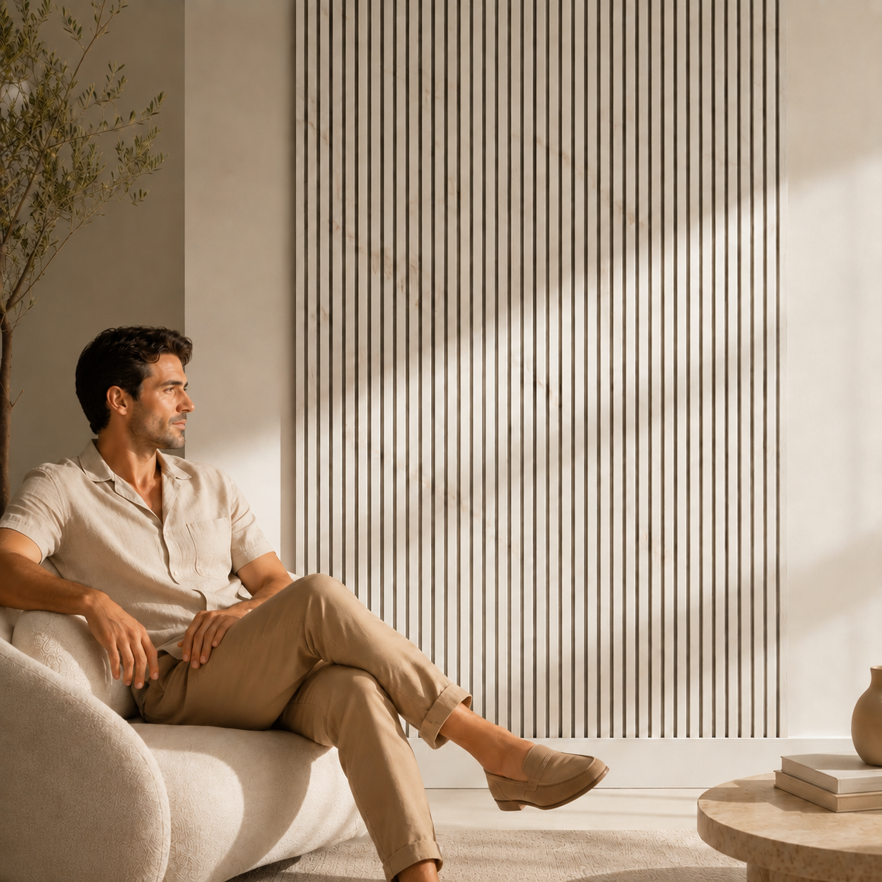 Acoustic Slatted Wall Panel 2400mm x 600mm - White Marble x 1 Panel