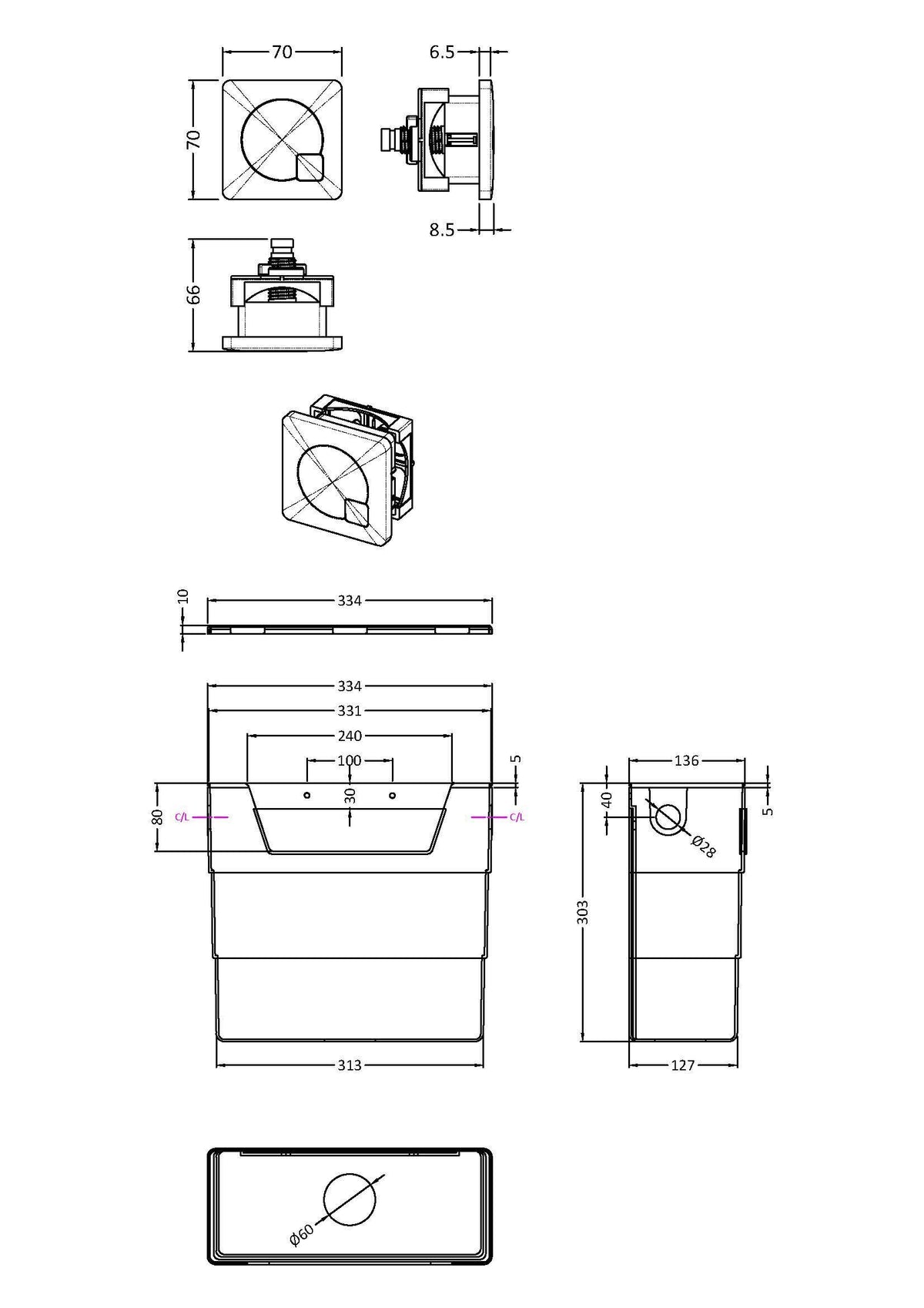 Concealed Cistern With Matt Black Contemporary Dual Flush Plate - Technical dimensions