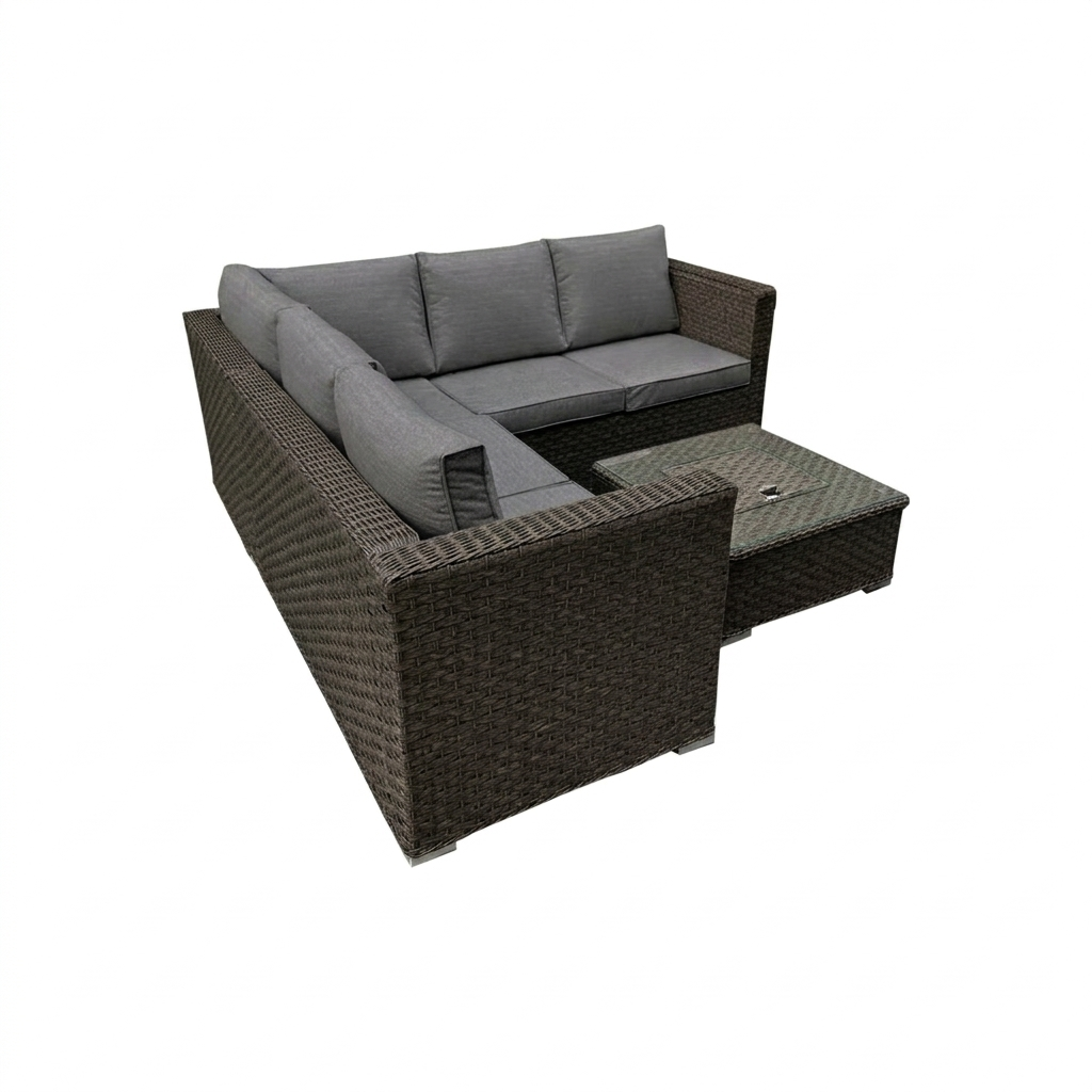 L-Shaped Rattan Garden Corner Sofa Set with Integrated Ice Bucket Coffee Table - Dark Grey