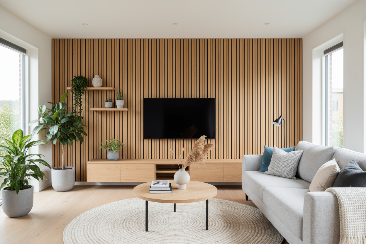 Oak Acoustic Slat Wall Panel in Modern Living Room