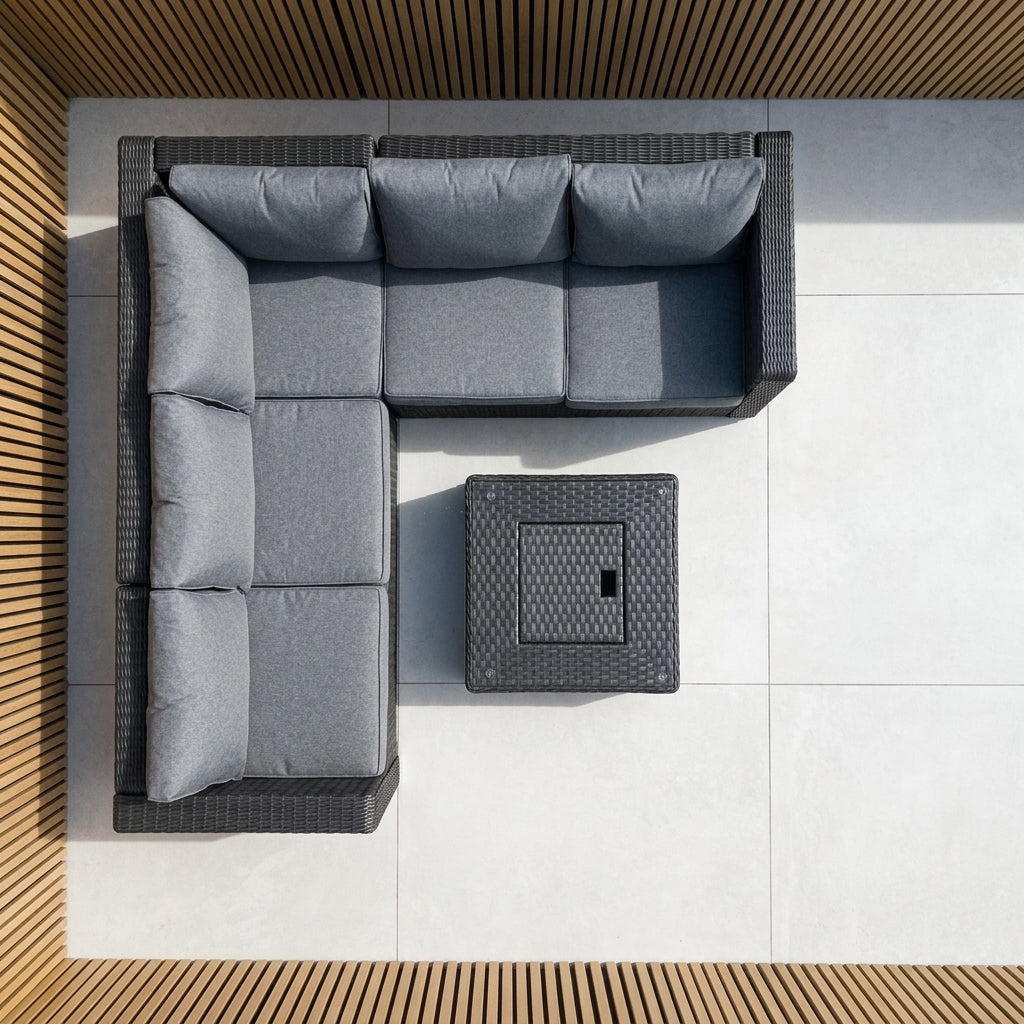 L-Shaped Rattan Garden Corner Sofa Set with Integrated Ice Bucket Coffee Table - Dark Grey