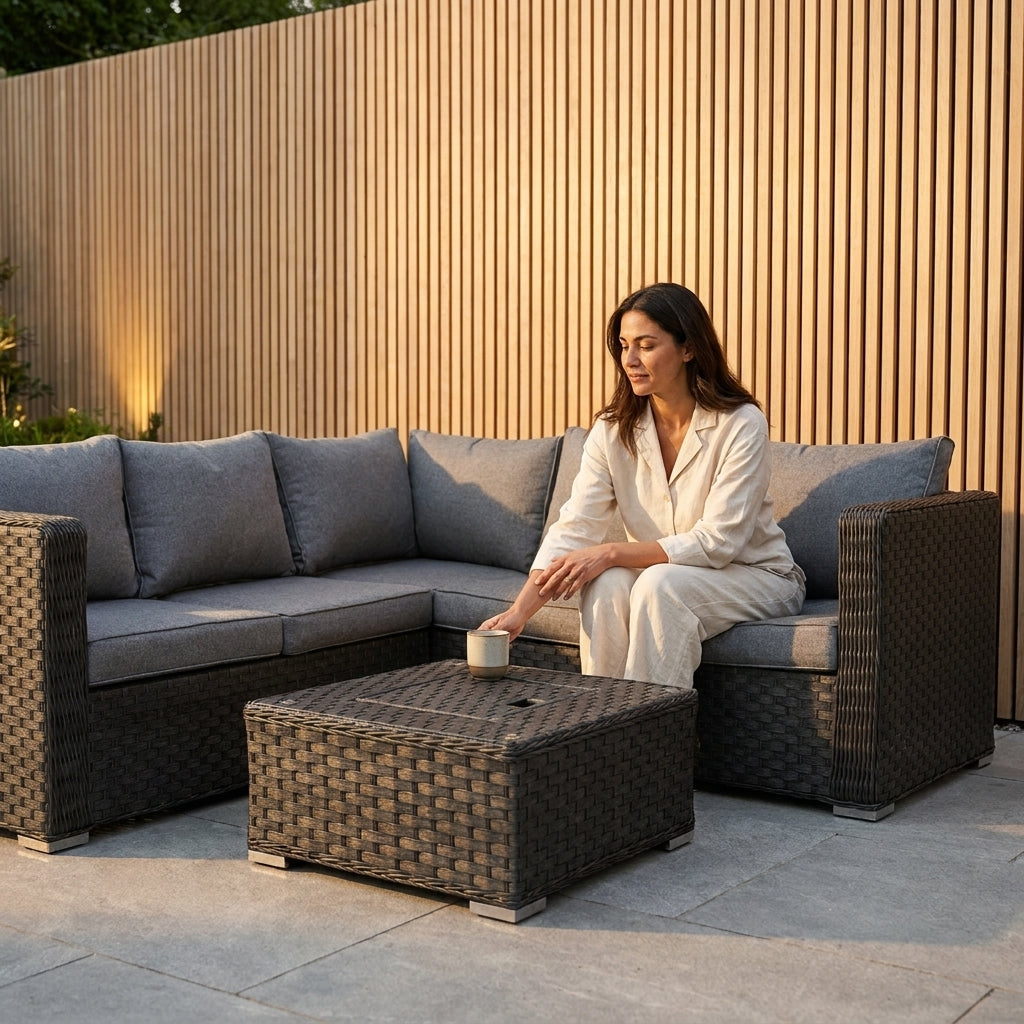 L-Shaped Rattan Garden Corner Sofa Set with Integrated Ice Bucket Coffee Table - Dark Grey