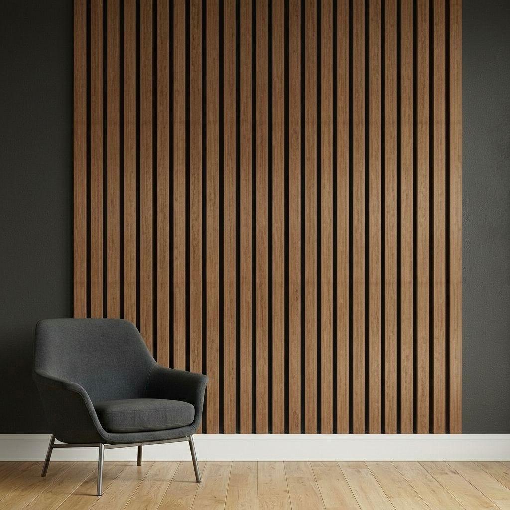 Acoustic Slat Wall Panels | Premium UltraWide Slats | 240cm x 60cm | Walnut With Black
