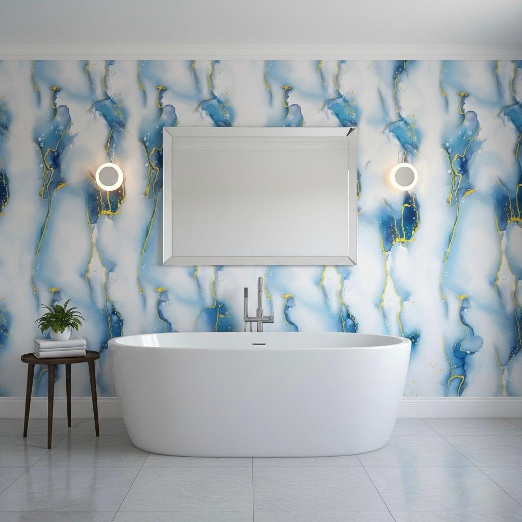 10mm Bathroom Shower Wall Panels | 240cm X 60cm | White, Gold & Blue Marble Effect | 100% Waterproof